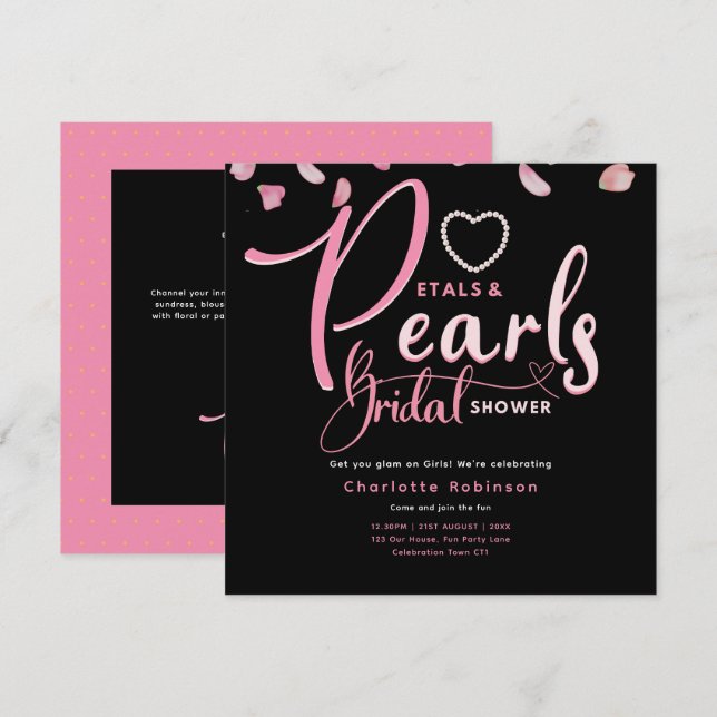 PETALS UND PEARLS Pink Black Chic Brautparty Einladung (Vorne/Hinten)