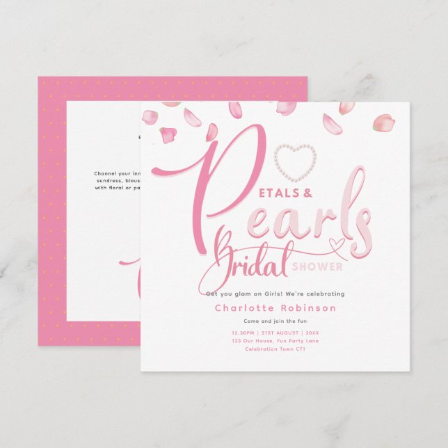PETALS UND PEARLS Pink Glam Chic Brautparty Einladung (Vorne/Hinten)