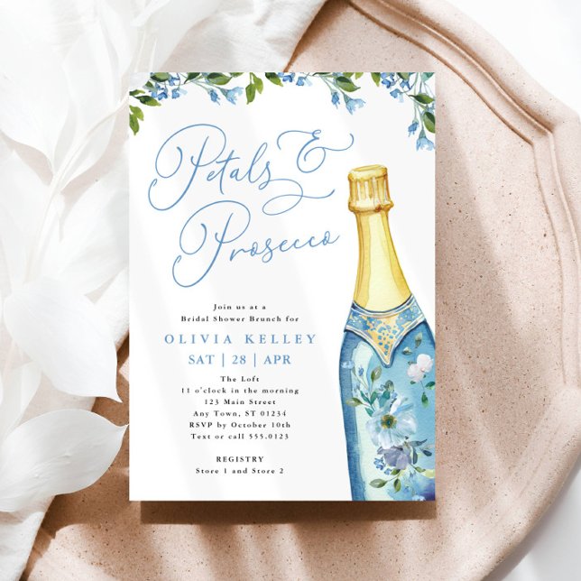 Petals und Prosecco Blue Painted Flasche Brunch Einladung (Von Creator hochgeladen)