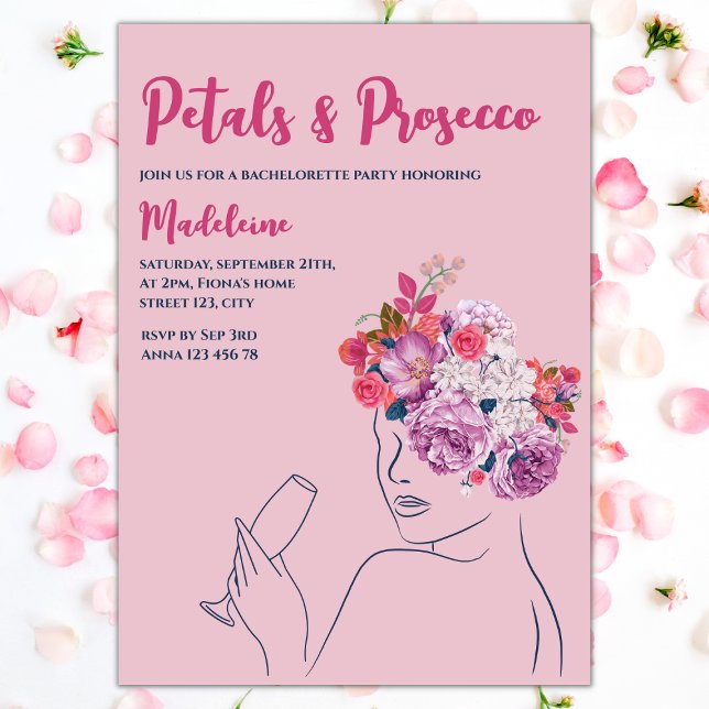 Petals und Prosecco Blumenreath Bachelorette Einladung (petals and prosecco bachelorette party invitation floral wreath pink purple)
