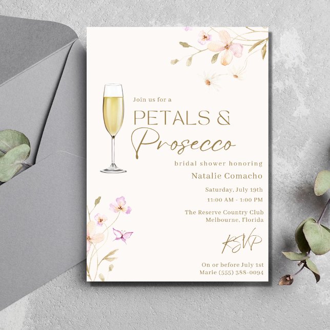 Petals und Prosecco Elegantes Brautparty Party Einladung (Petals and Prosecco Elegant Bridal Shower Party Invitation)