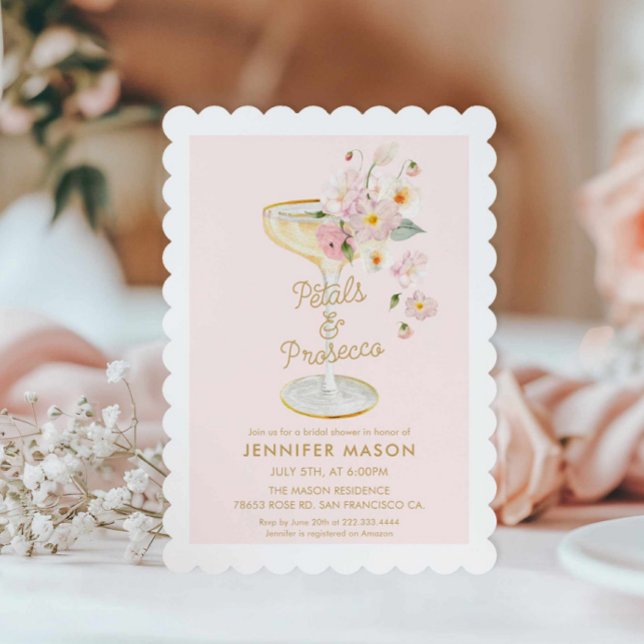 Petals und Prosecco Garden Bridal Einladung (Blush Pink Petals and Prosecco Bridal Shower Invitation)