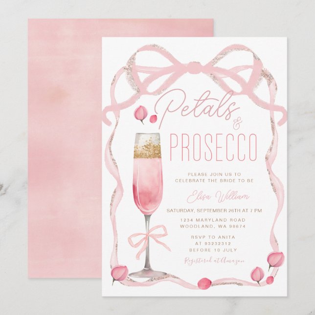 Petals und Prosecco Pink Bow Brautparty Einladung (Vorne/Hinten)