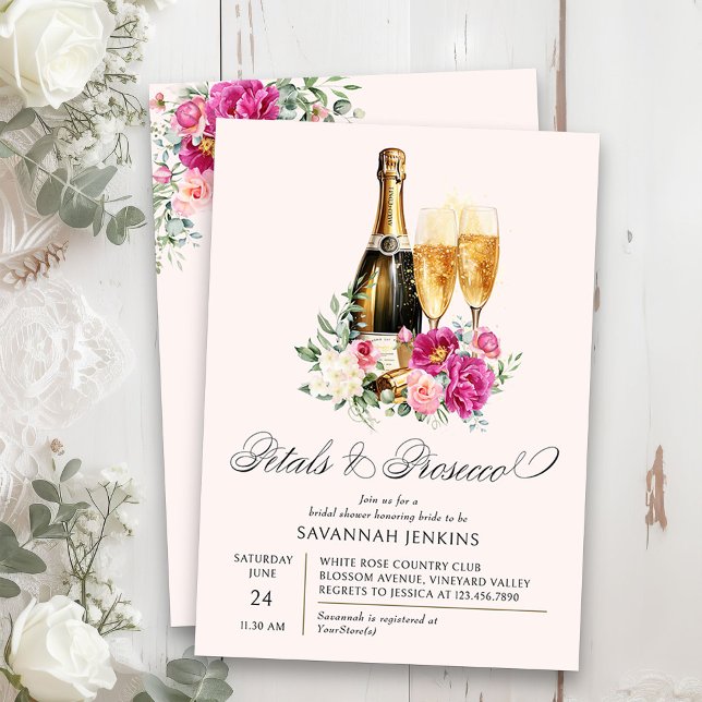 Petals und Prosecco Pink Peony Brautparty Einladung (Petals & Prosecco Floral Bridal Shower invitation on blush pink)