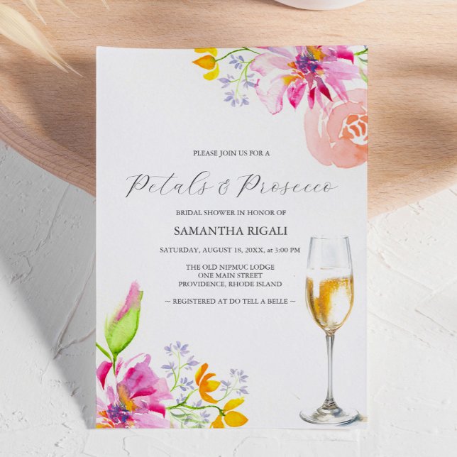 Petals und Prosecco Rosa Brautdusche Einladungen (bridal shower invitations pink floral watercolor art petals and Prosecco by Victoria Grigaliunas)