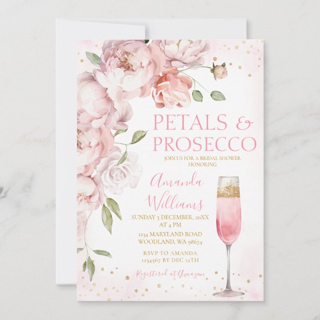 Petals und Prosecco Rosa Brautparty Einladung (Vorderseite)