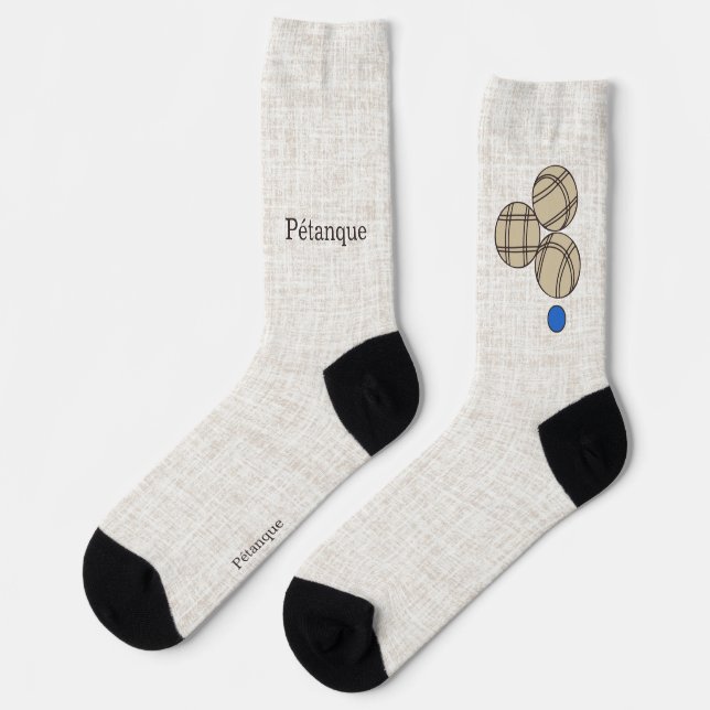 Pétanque, drei Kugeln auf einem beigen Leinendesig Socken (Linkes Detail)