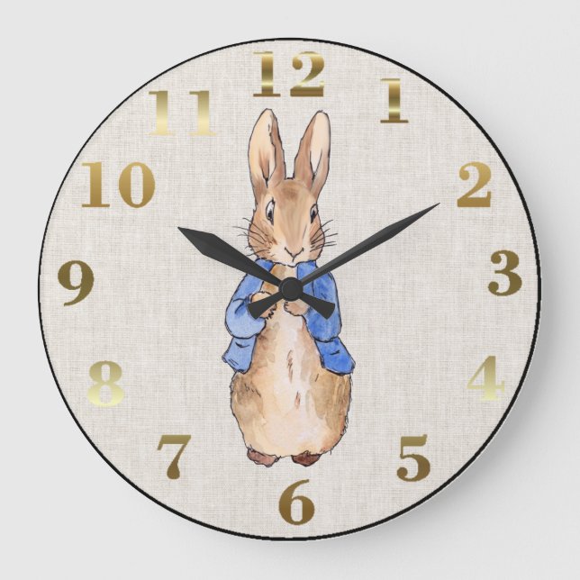 Peter der Kaninchen Beige Linen Hintergrund Große Wanduhr (Vorderseite)
