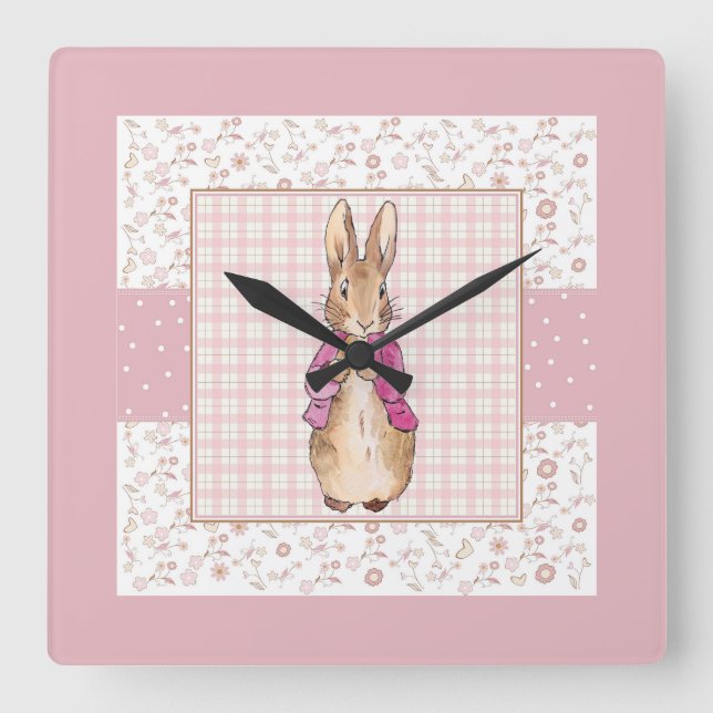 Peter der Kaninchen Karo und Blumenmuster Quadratische Wanduhr (Vorderseite)