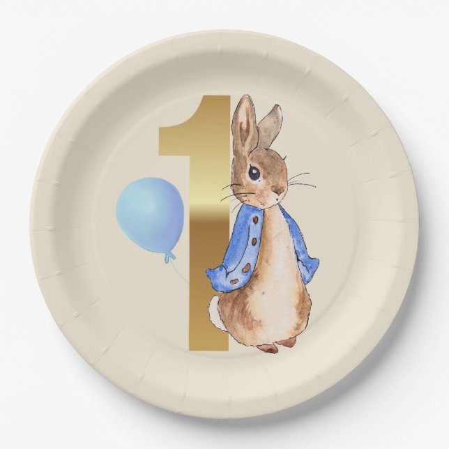 Peter der Rabbit 1. Geburtstag Blauer Ballon Pappteller (Vorderseite)