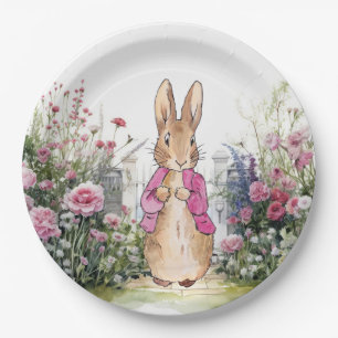 Peter der Rabbit Pink Jacket in seinem Garten Pappteller