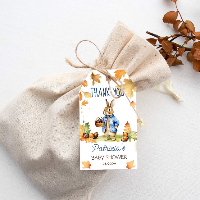 Peter Kaninchen Fall Baby Dusche danke Geschenkanhänger (Peter Rabbit baby shower thank you favor gift tags cute bunny blue jacket acorn basket fall themed)