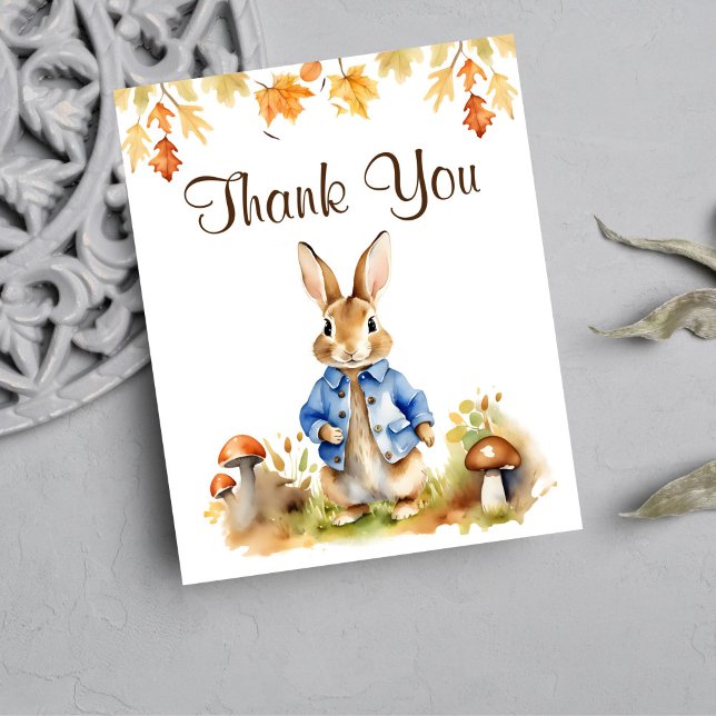 Peter Kaninchen fallen Baby Dusche danke Karte (Peter Rabbit baby shower thank you card fall themed watercolor rabbit blue jacket mushrooms leaves)