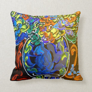 Peter Max farbenfrohe Aquarellvase und Blume Kissen
