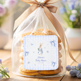 Peter Rabbit Blue Gingham Baby Shower Thank You Quadratischer Aufkleber