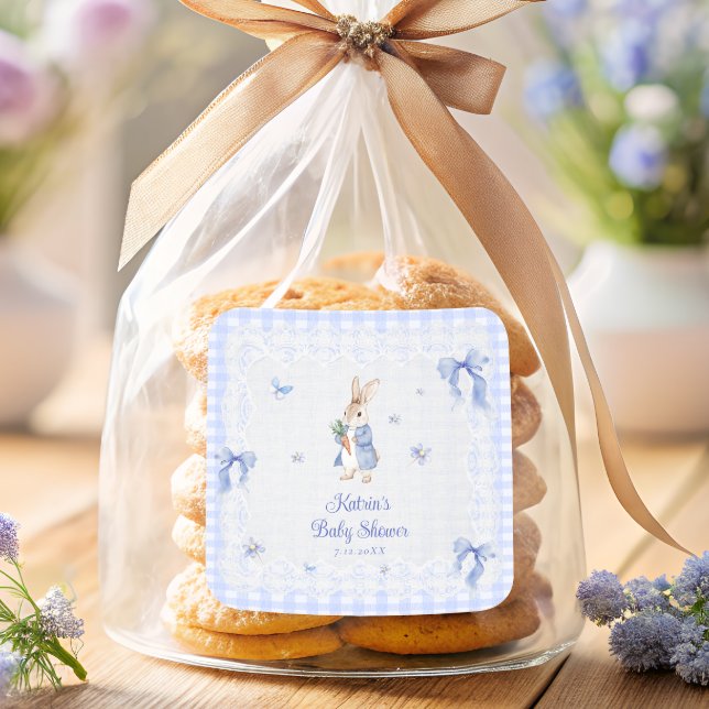 Peter Rabbit Blue Gingham Baby Shower Thank You Quadratischer Aufkleber (Von Creator hochgeladen)