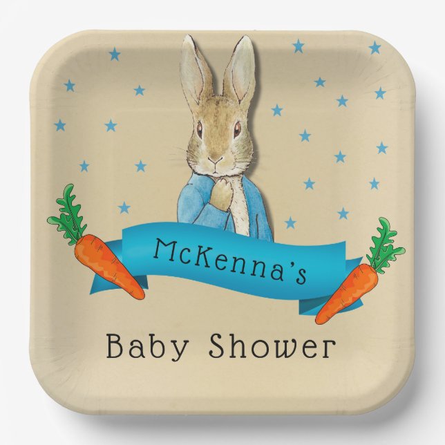 Peter Rabbit Carrots and Stars Boy Baby Shower Pappteller (Vorderseite)