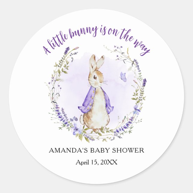 Peter Rabbit Lila Baby Shower Runder Aufkleber (Vorderseite)
