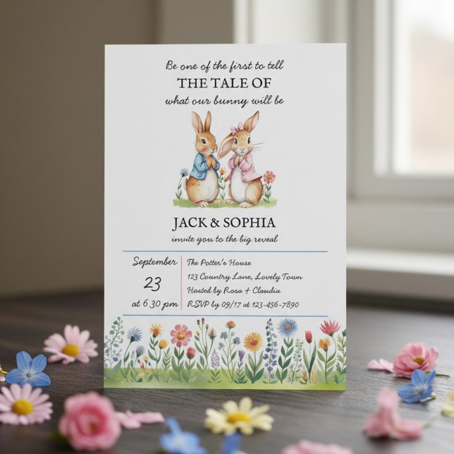 Peter Rabbit Themed Gender Reveal Einladung (Peter Rabbit storybook themed gender reveal invitation)