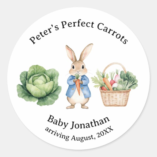 Peter Rabbit Veggie Basket Baby Shower Gefallen Runder Aufkleber (Vorderseite)