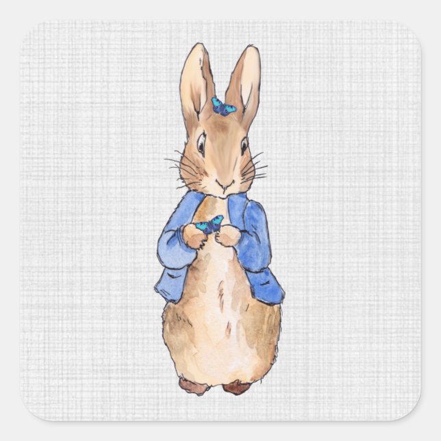 Peter the Rabbit Butterfliegen Gray Linen Texture Quadratischer Aufkleber (Vorderseite)
