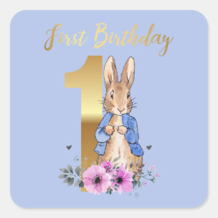 Peter the Rabbit Gold 1. Geburtstag Quadratischer Aufkleber