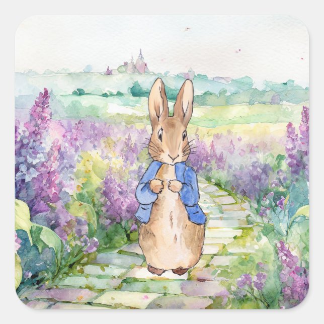 Peter the Rabbit mit Aquarelllilacke Quadratischer Aufkleber (Vorderseite)