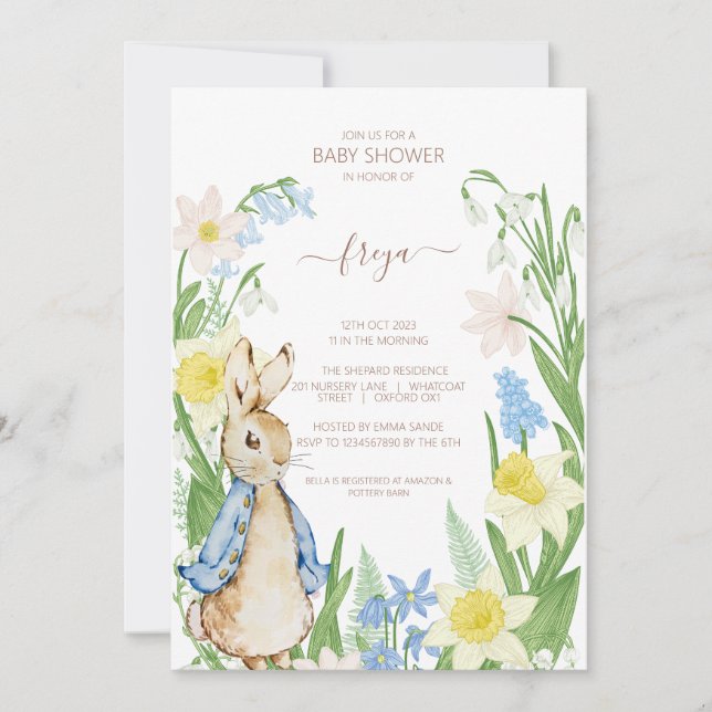 Peter the Rabbit Spring Blooms Blue Baby Dusche Einladung (Vorderseite)