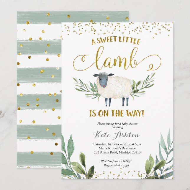Petit Agneau doux vert Baby shower Invitation (Devant / Derrière)