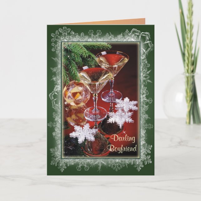 Petit ami. Carte de Noël romantique.Verres de vin (Devant)