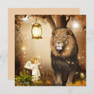 Petit ange mignon avec carte de lion