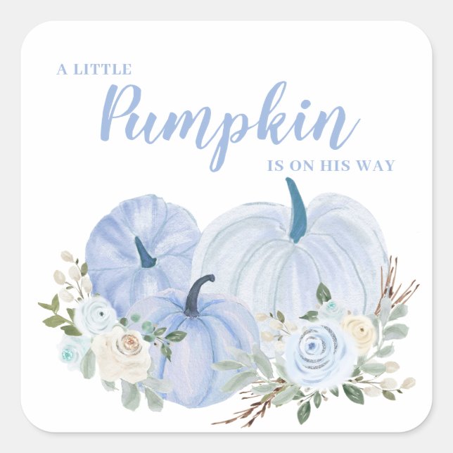 Petit Autocollant Carré Baby shower bleu Citrouill (Devant)