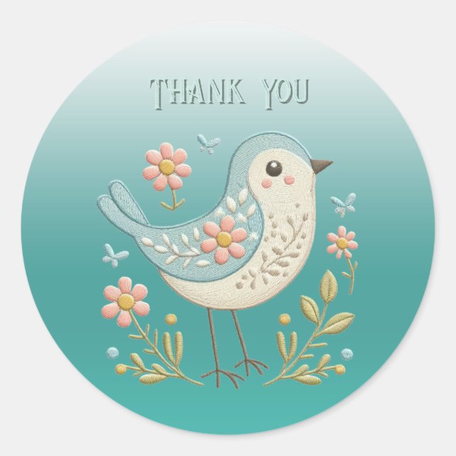 Petit Autocollant vert à broderie florale d'oiseau (Devant)