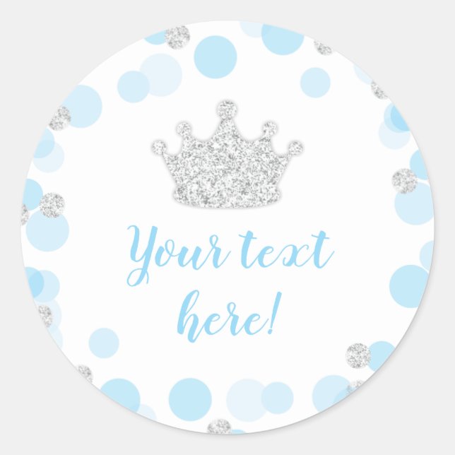 Petit Baby shower Prince Étiquette Bleu & Argent (Devant)