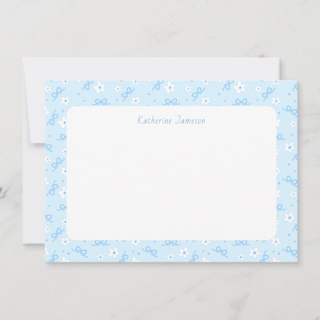 Petit Blue Whimsical Bows Daisy Monogram Notecard Dankeskarte (Vorderseite)