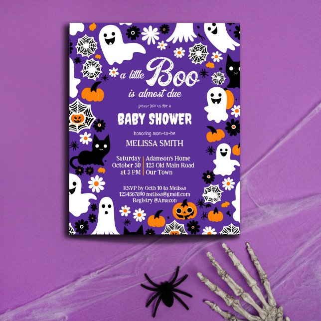 Petit boo baby shower Halloween invitation modèle (Halloween baby shower budget invitation cute ghosts groovy retro daisies pumpkins purple for a girl)
