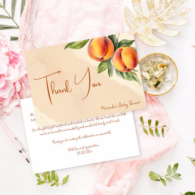 Petit carte de remerciements de pêche doux (Sweet little peach baby shower thank you card editable template digital download)