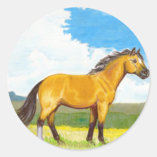 Petit cheval sur les autocollants ronds de prairie