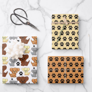 Petit chien et ensemble de papier d'enveloppement 