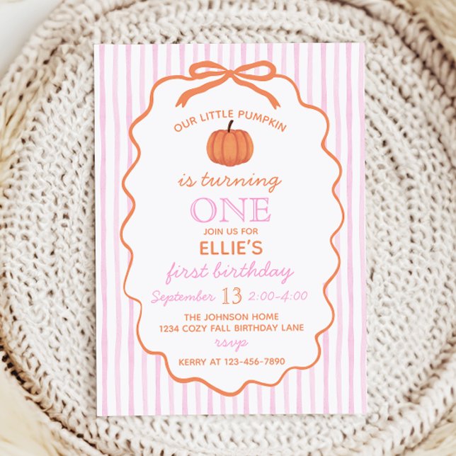 Petit Citrouille 1er anniversaire Invitation (Invitation with pink and white stripes, orange bow, and pumpkin illustrations)