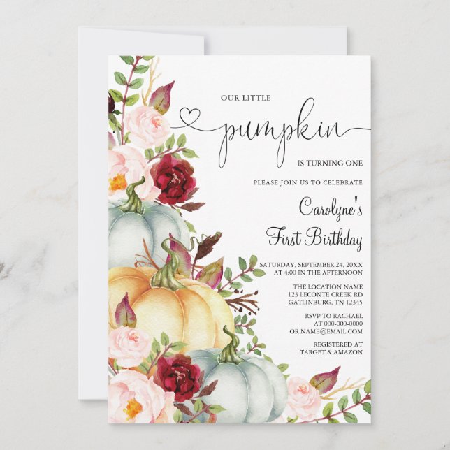 Petit Citrouille Automne Floral Invitation Anniver (Devant)