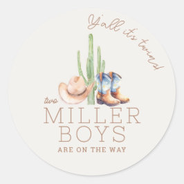 Petit Cowboy Twin Baby Shower Round Sticker