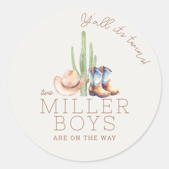Petit Cowboy Twin Baby Shower Round Sticker (Devant)