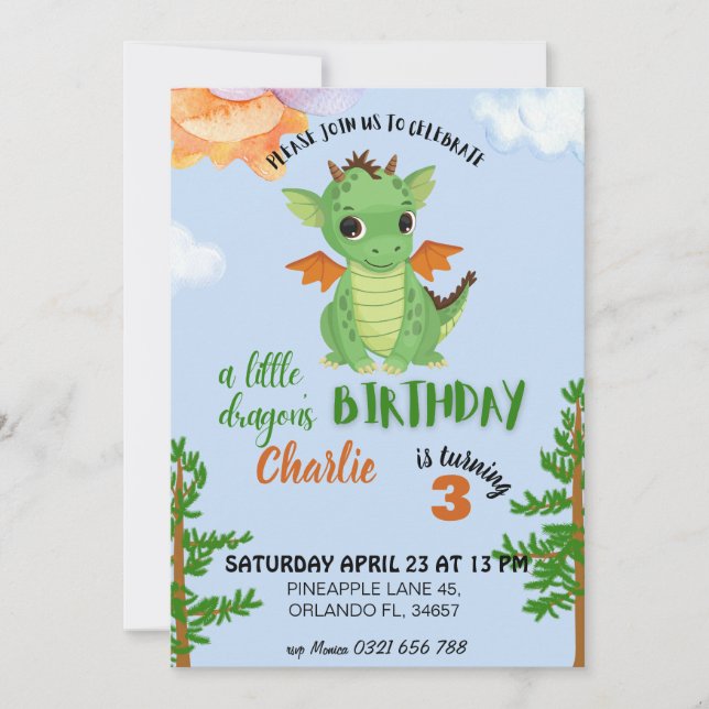 petit dragon Invitation bleu bébé anniversaire (Devant)