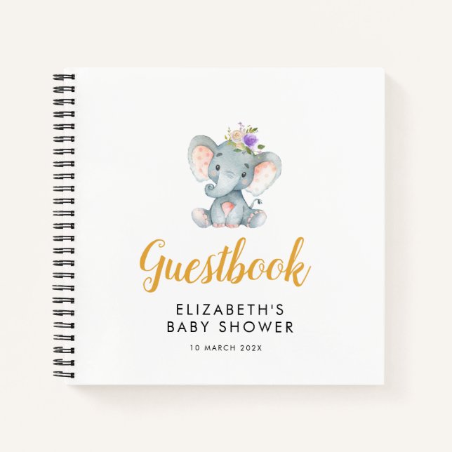 petit éléphant flore violette baby shower livre d' (Devant)