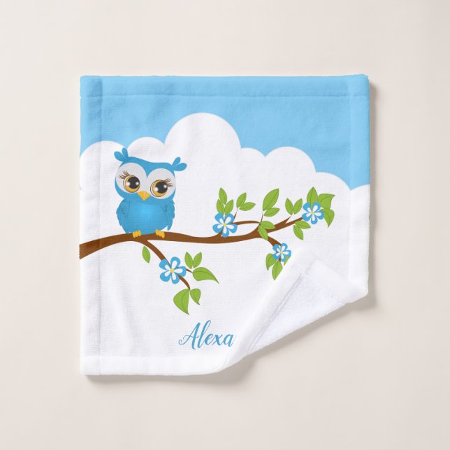Petit hibou bleu sur une branche (Gant de toilette)