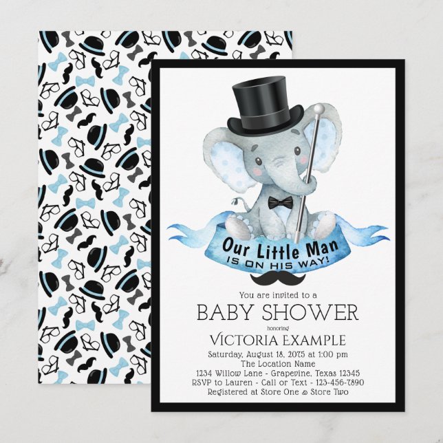 Petit Homme Baby shower Invitation Dapper Elephant (Devant / Derrière)