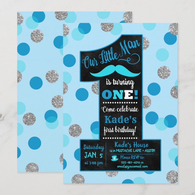 Petit Homme Premier Anniversaire Invitation Chalkb (Devant / Derrière)