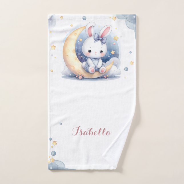 Petit lapin blanc mignon assis sur la lune (Serviette à main)