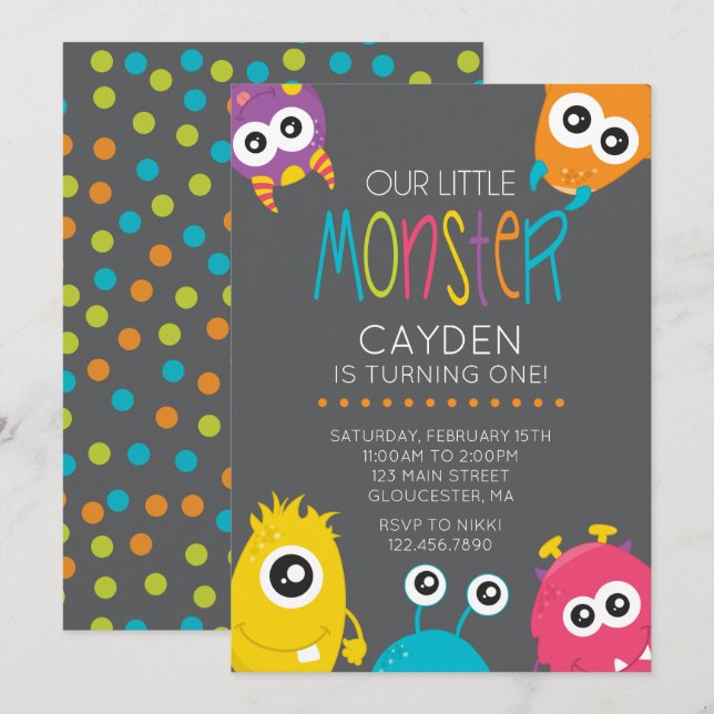 Petit Monster Premier Invitation de fête d'anniver (Devant / Derrière)
